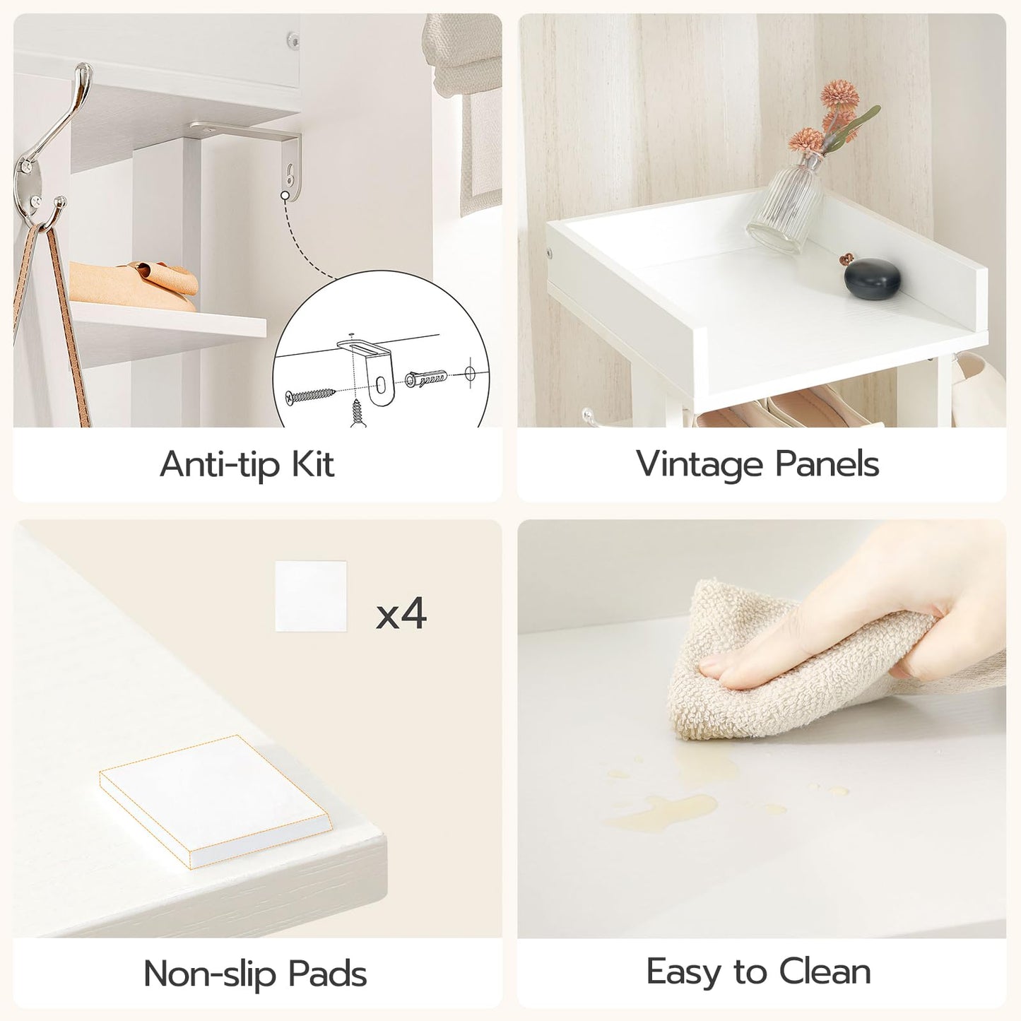 Collage of a white shelf with features labeled: Anti-tip kit, vintage panels, non-slip pads, and easy to clean.