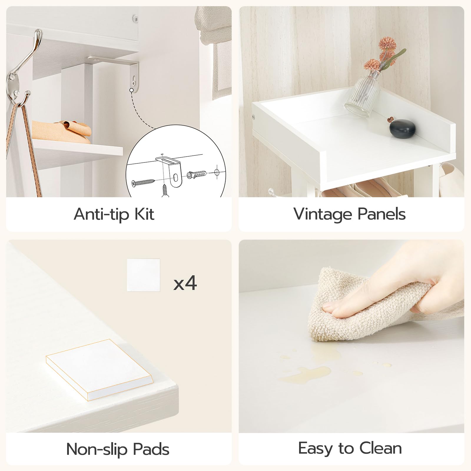 Collage of a white shelf with features labeled: Anti-tip kit, vintage panels, non-slip pads, and easy to clean.