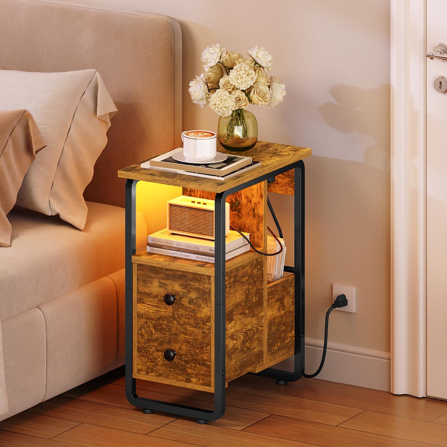 HOOBRO Narrow Nightstand with Charging Station & LED Lights, Narrow Side Table with Fabric Drawer, Open Shelves, Slim End Table for Living Room, Bedroom, Rustic Brown and Black BF430UDBZ01