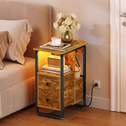 HOOBRO Narrow Nightstand with Charging Station & LED Lights, Narrow Side Table with Fabric Drawer, Open Shelves, Slim End Table for Living Room, Bedroom, Rustic Brown and Black BF430UDBZ01