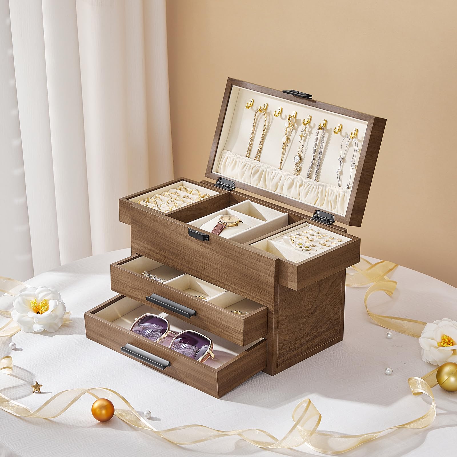 Wooden jewelry box with jewelry on a decorative surface