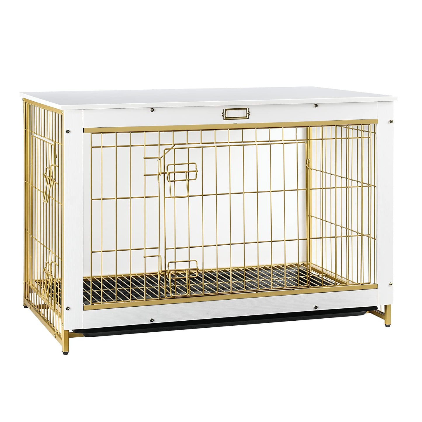HOOBRO White 38.6-inch Wooden Double Door Large Indoor Dog Cage with Pull-out Tray