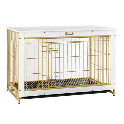 HOOBRO White 38.6-inch Wooden Double Door Large Indoor Dog Cage with Pull-out Tray