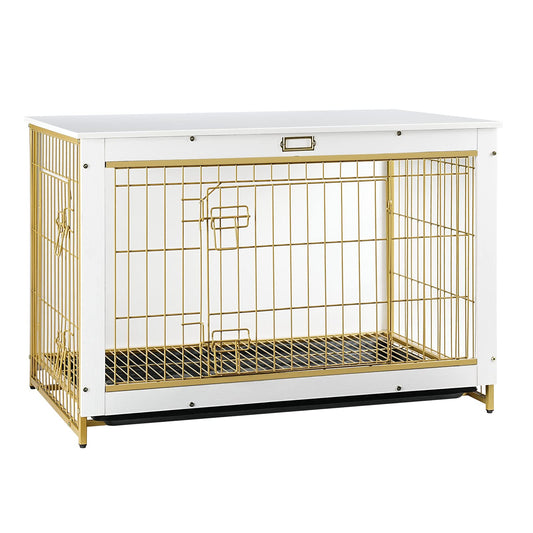 HOOBRO White 38.6-inch Wooden Double Door Large Indoor Dog Cage with Pull-out Tray