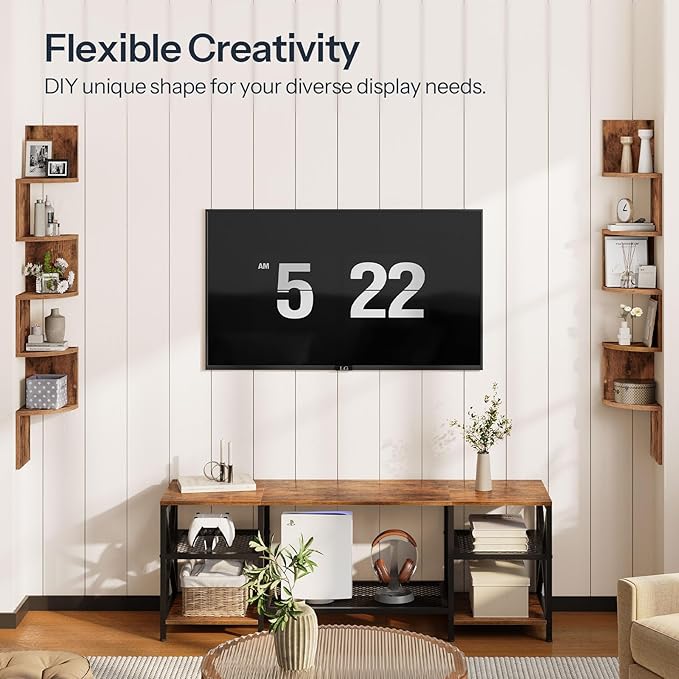 Living room setup with a TV displaying numbers, wooden shelves, and decor items.