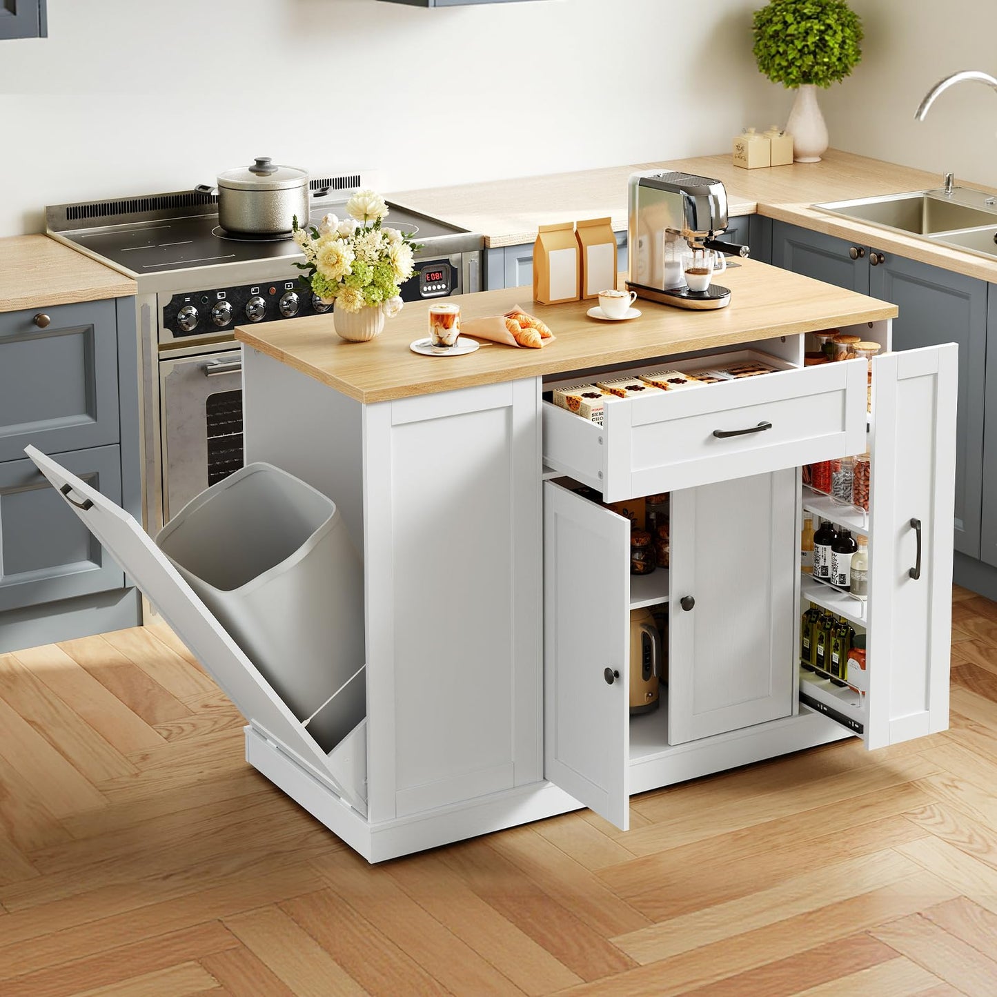 HOOBRO Rolling Kitchen Island with Trash Can Storage & Power Outlet