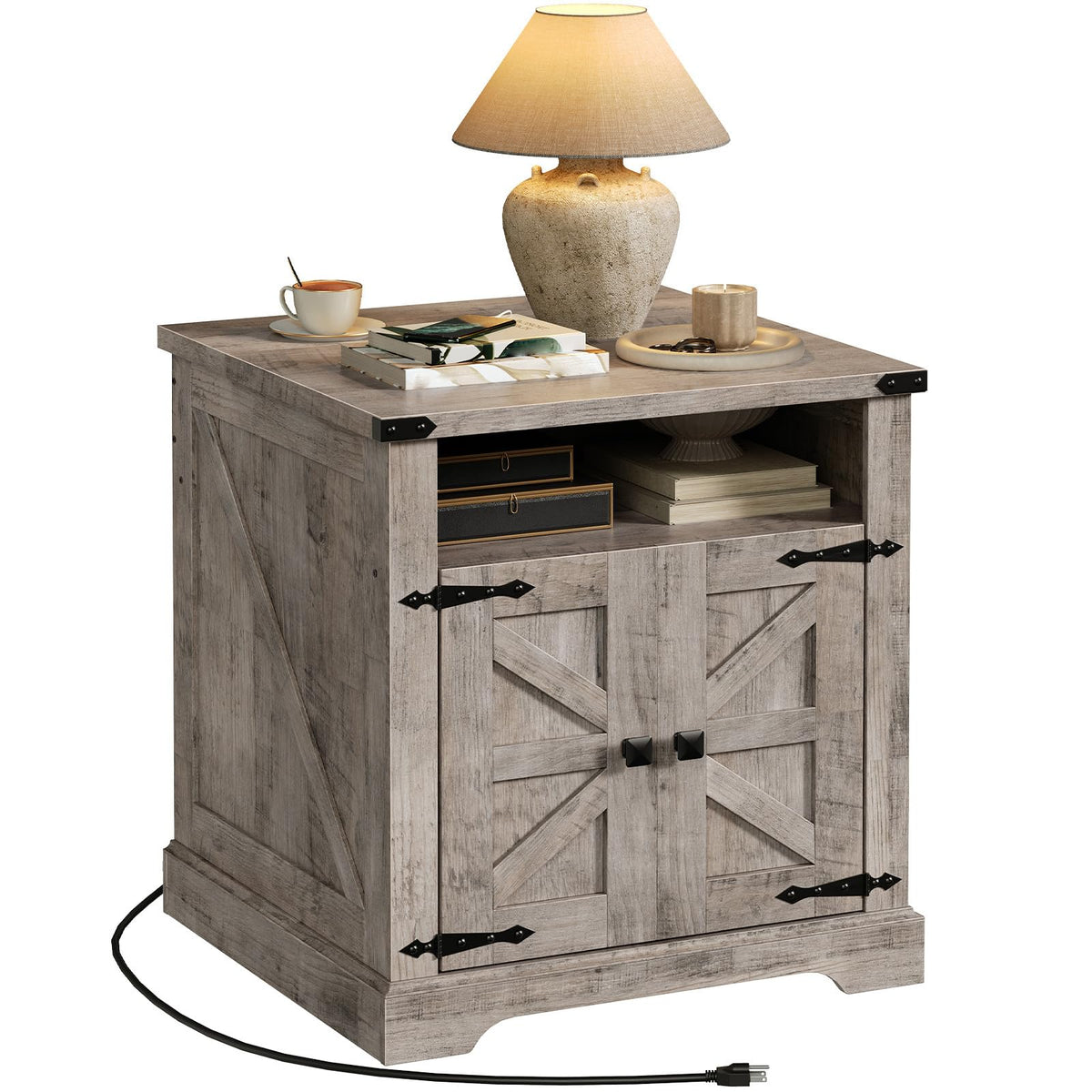 HOOBRO Farmhouse End Table with Charging Station, Large Side Table 23.6" Sofa End Table for Living Room, Barn Door, Flip Top, Wooden Square Nightstand Bedside Table, Greige