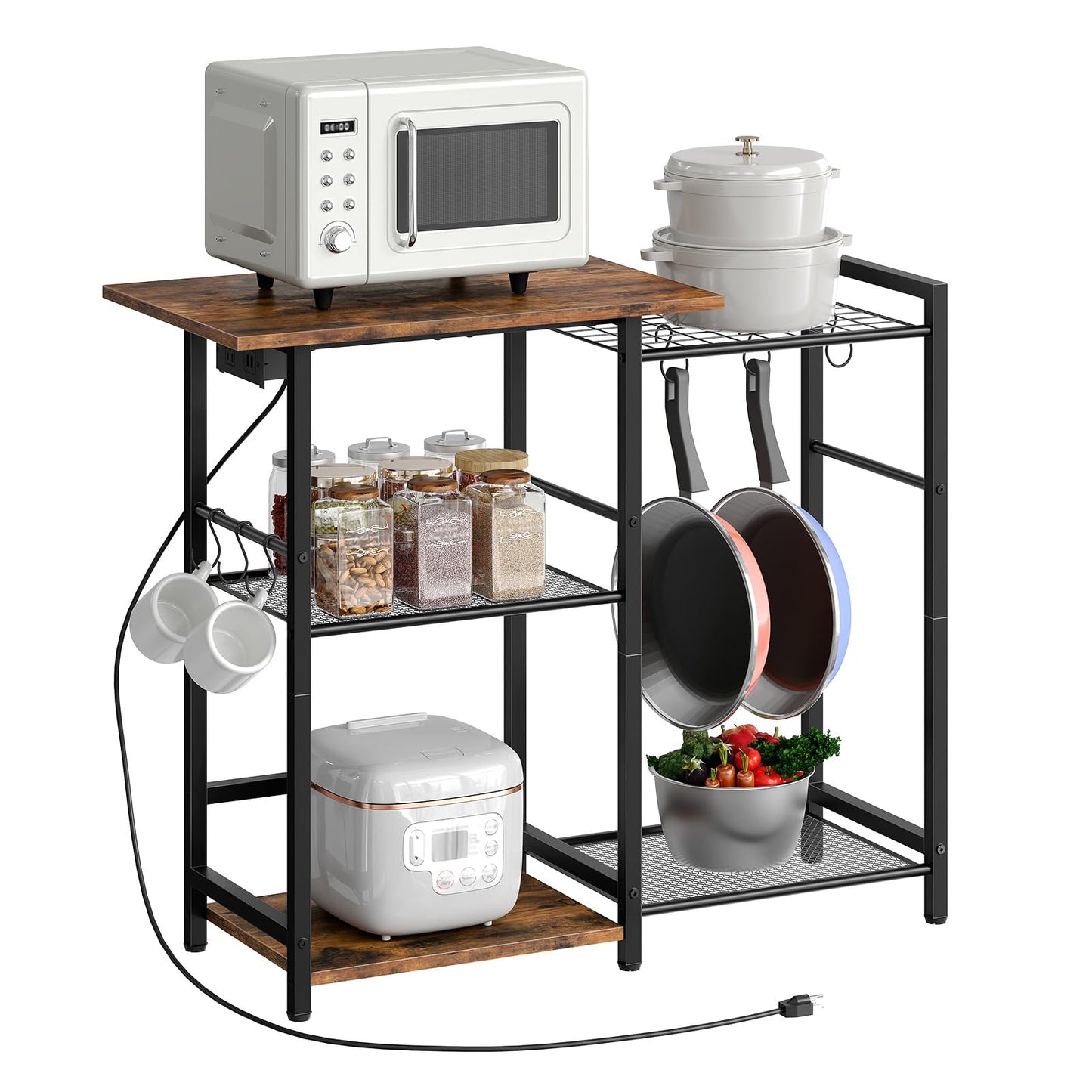 HOOBRO Bakers Rack & Microwave Stand with Power Outlet & Hooks