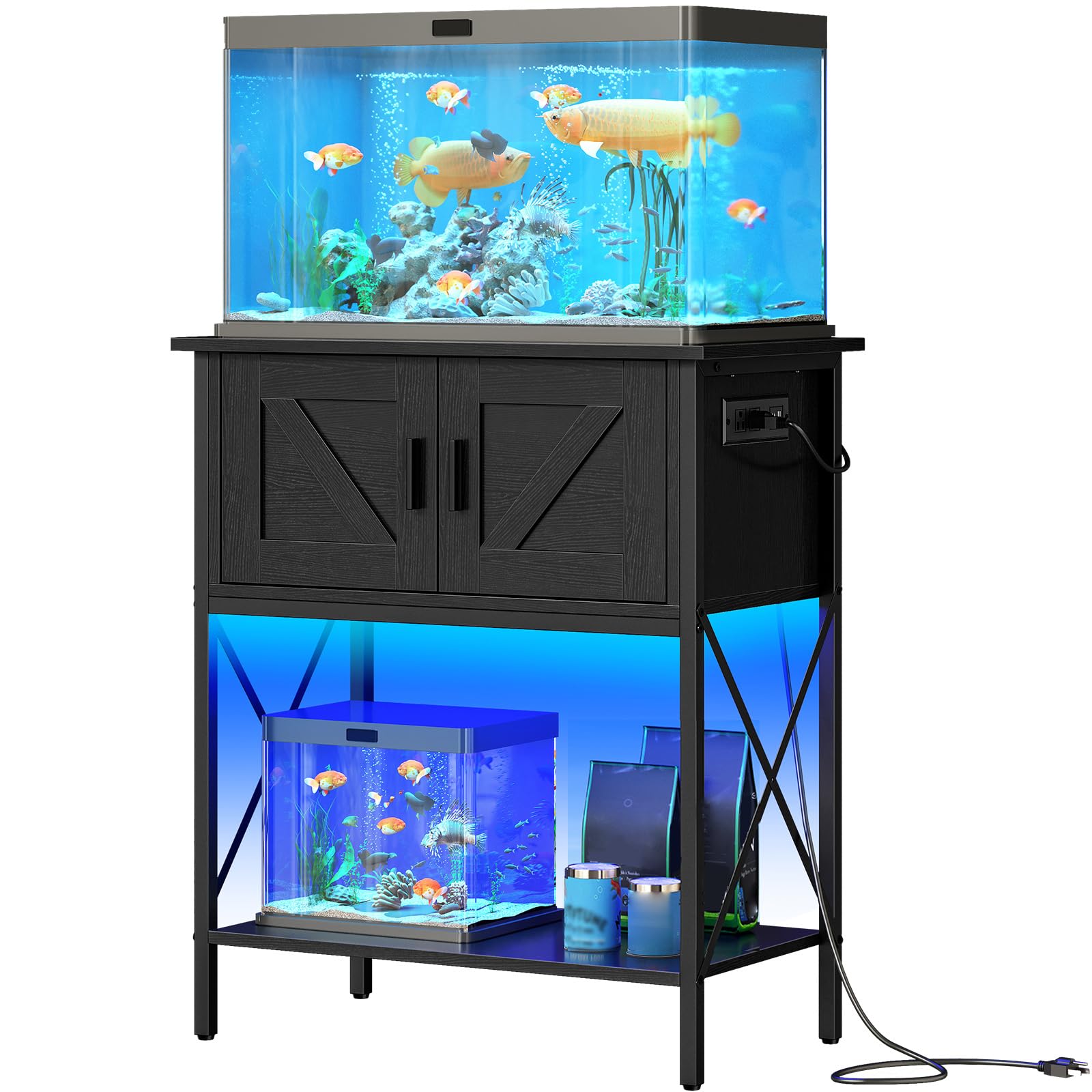 Black aquarium stand with two fish tanks filled with water and fish on a white background.