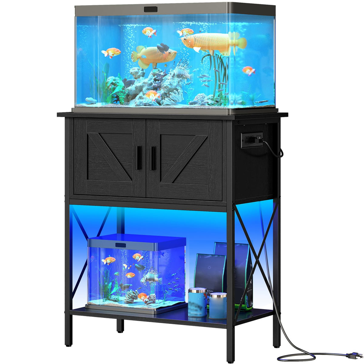 Black aquarium stand with two fish tanks filled with water and fish on a white background.