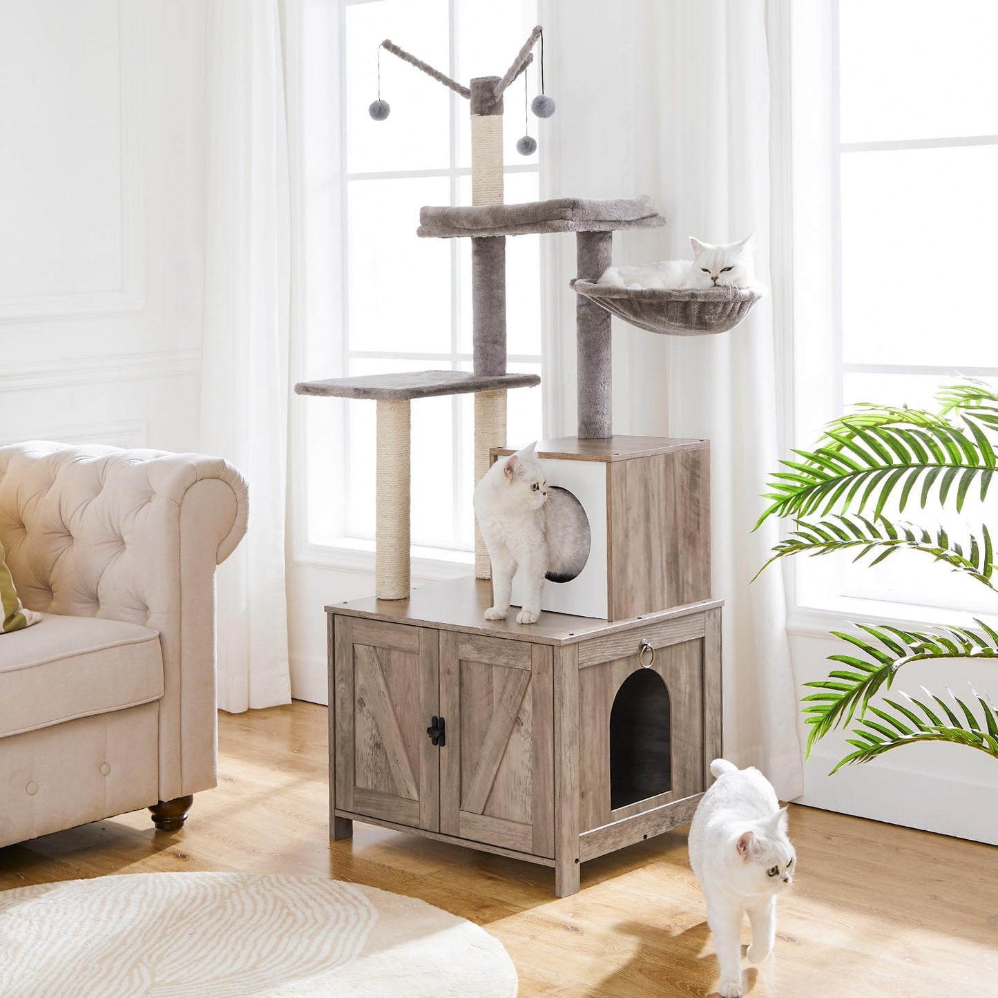 HOOBRO Greige Wooden Concealed Cat Tree Tower with Litter Box Enclosure & Scratching Post