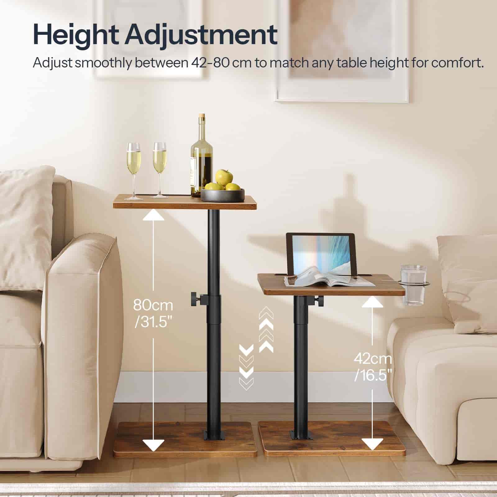 Adjustable height table in a living room setting with a sofa and decor items.