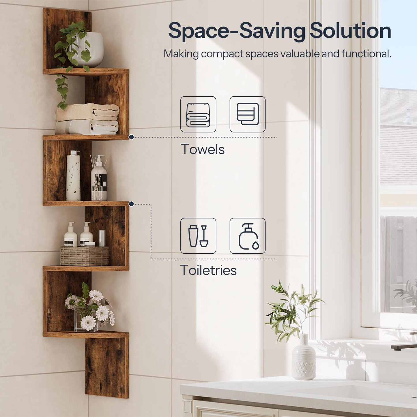 HOOBRO Retro Brown 5-Tier Wall-Mounted Corner Shelf /2PICS