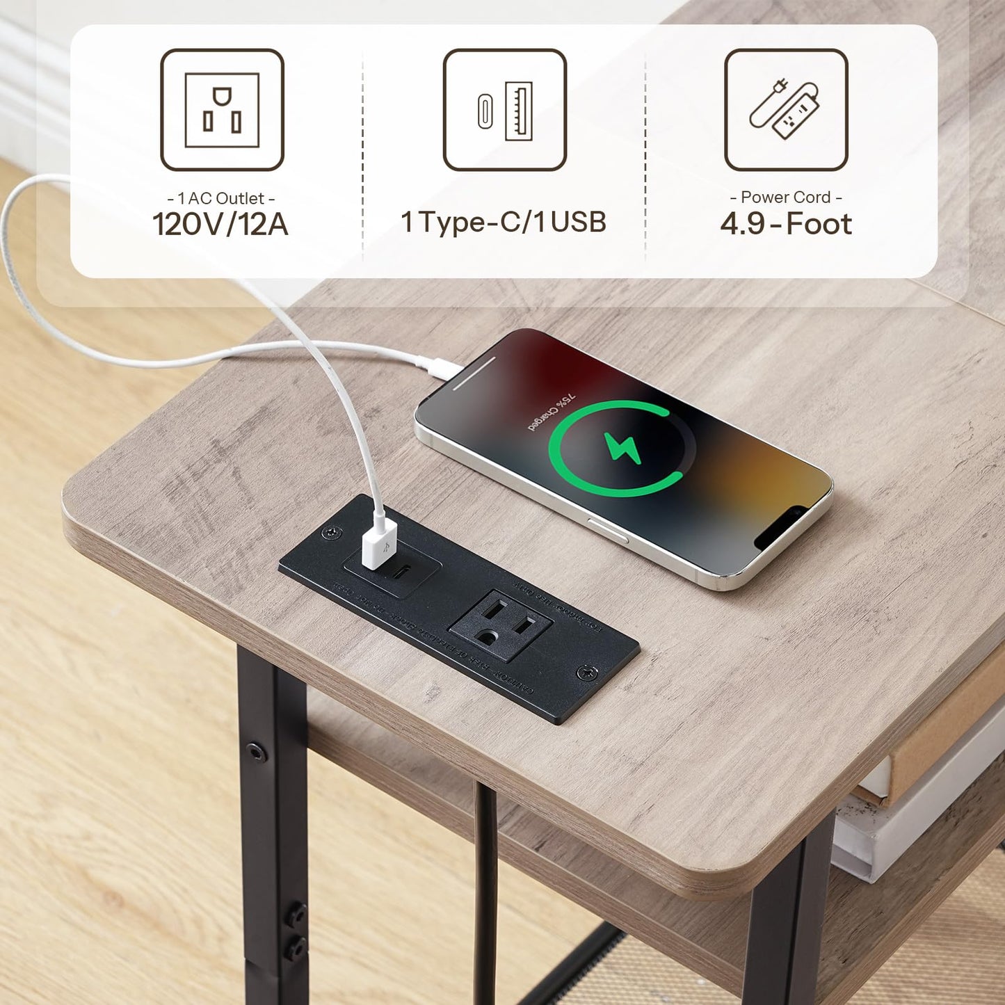 HOOBRO Side Table, Narrow End Table with Shelf, Charging Station, Wide Storage Tabletop, 3-Tier Bedside Tables for for Small Spaces, Living Room, Bedroom, Greige and Black BG366UBZ01