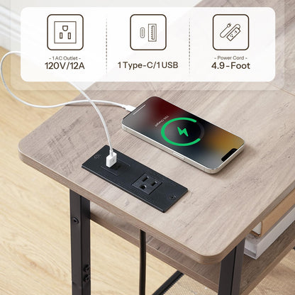 HOOBRO Side Table, Narrow End Table with Shelf, Charging Station, Wide Storage Tabletop, 3-Tier Bedside Tables for for Small Spaces, Living Room, Bedroom, Greige and Black BG366UBZ01