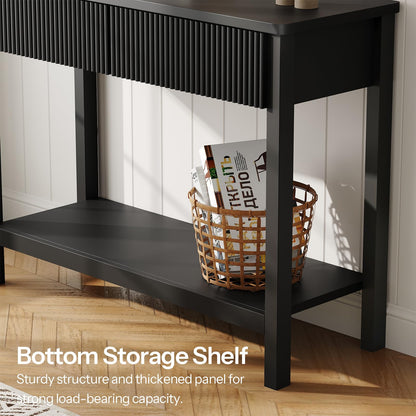 HOOBRO 39.4-inch Black Double-Layer Roughside Table with 2 Drawers & Storage Shelf