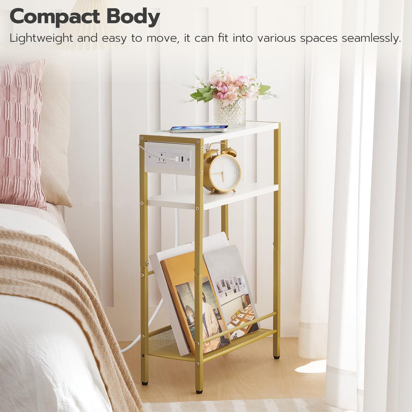 HOOBRO Mini Narrow Side Table with Charging Station & USB Port