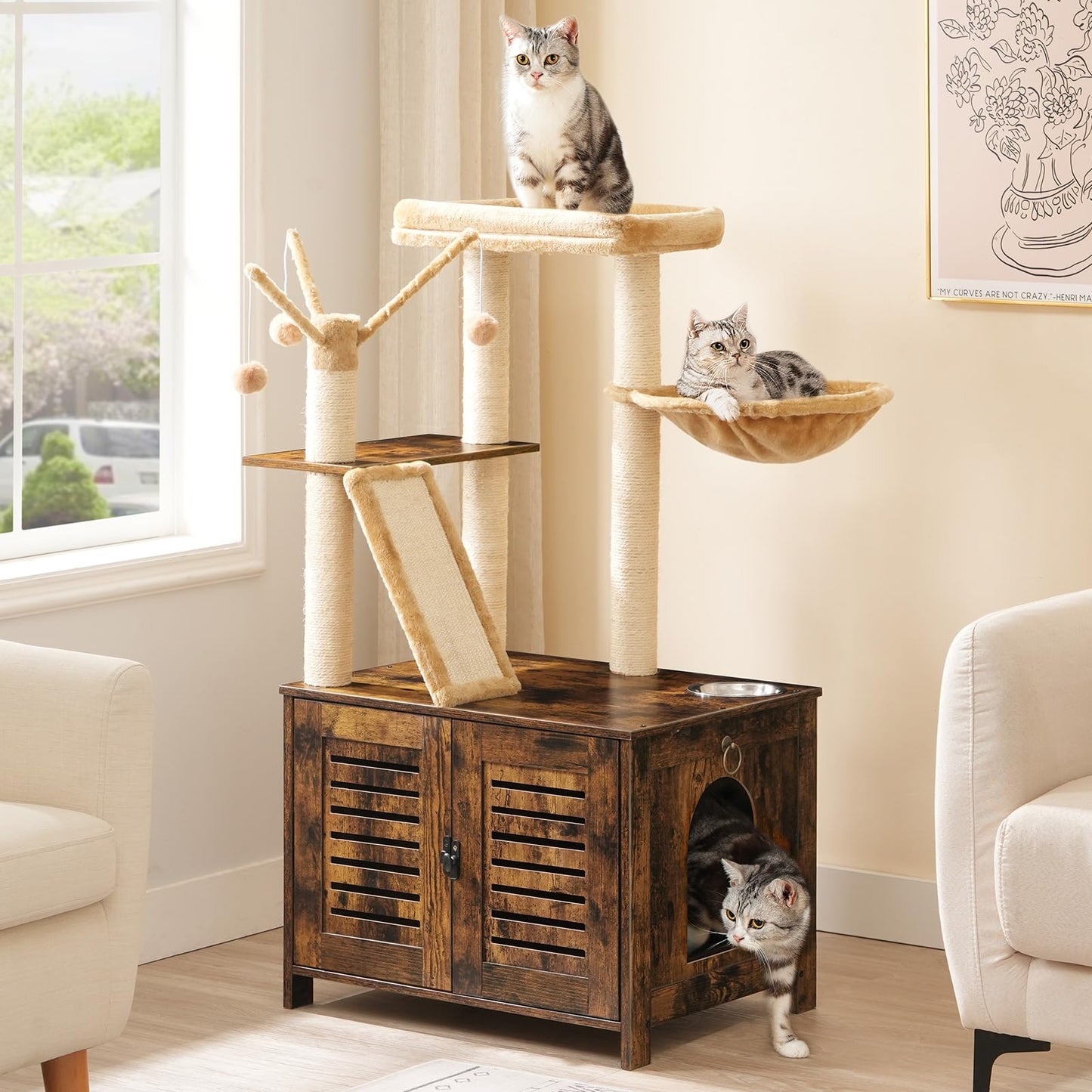 HOOBRO Cat Tree with Hidden Litter Box Enclosure & Scratching Posts