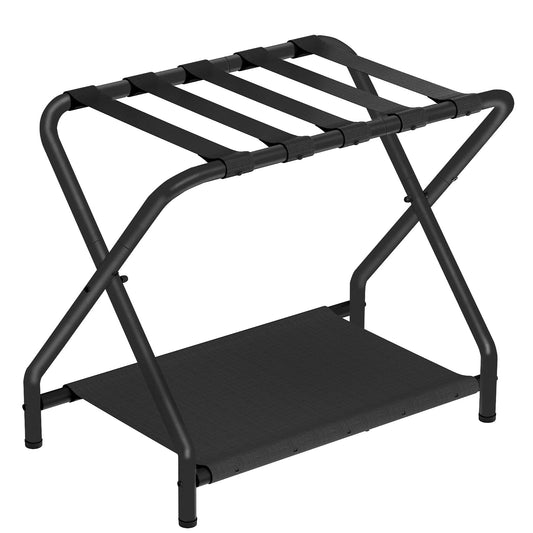 HOOBRO Black Folding Luggage Rack with Fabric Shelf