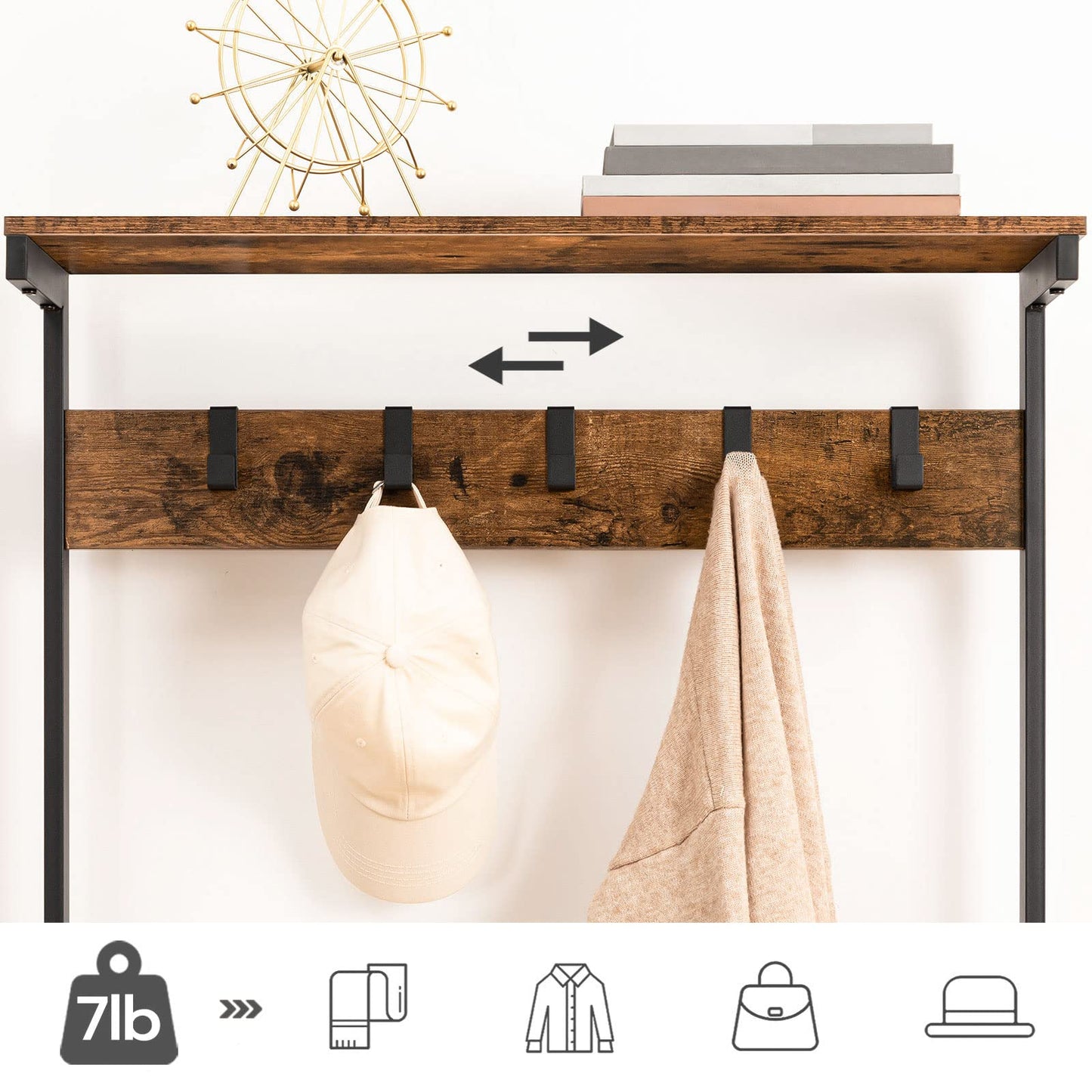 HOOBRO Retro Brown Industrial Style Five-Tier Hallway Coat Rack with Shoe Storage & Bench & 5 Hooks