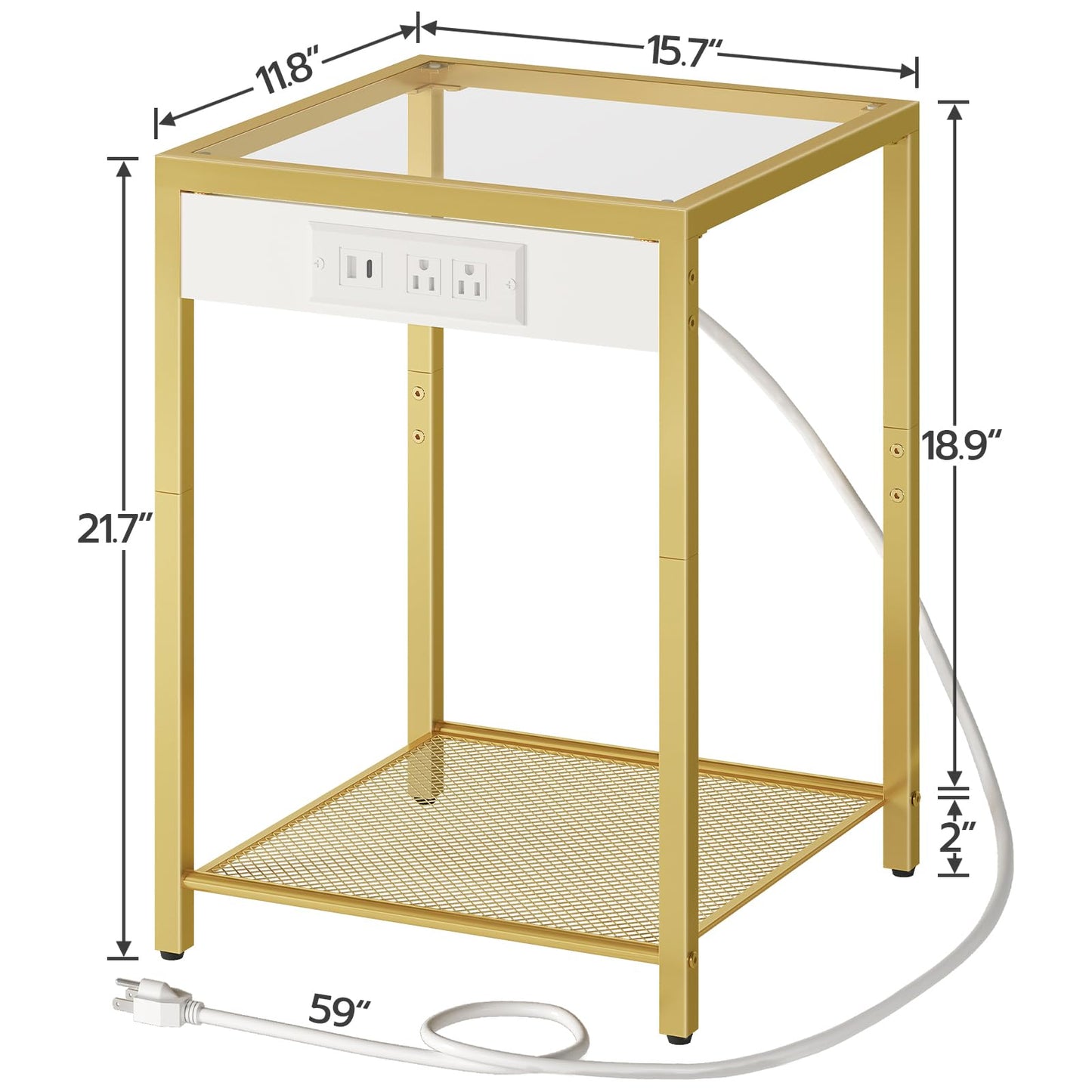 HOOBRO Gold Modern Metal Frame Tempered Glass Desktop Side Table with USB Port & Charging Station / 2PICS