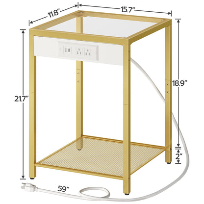 HOOBRO Gold Modern Metal Frame Tempered Glass Desktop Side Table with USB Port & Charging Station / 2PICS