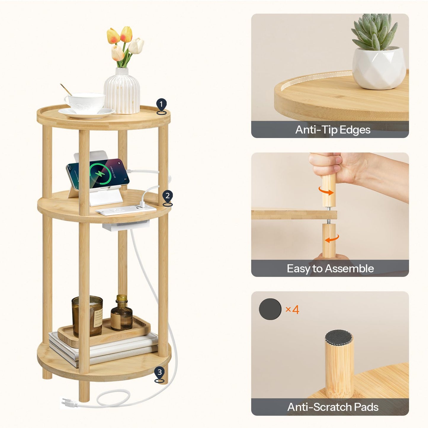 HOOBRO Three-Tier Small Round Side Table with Charging Station