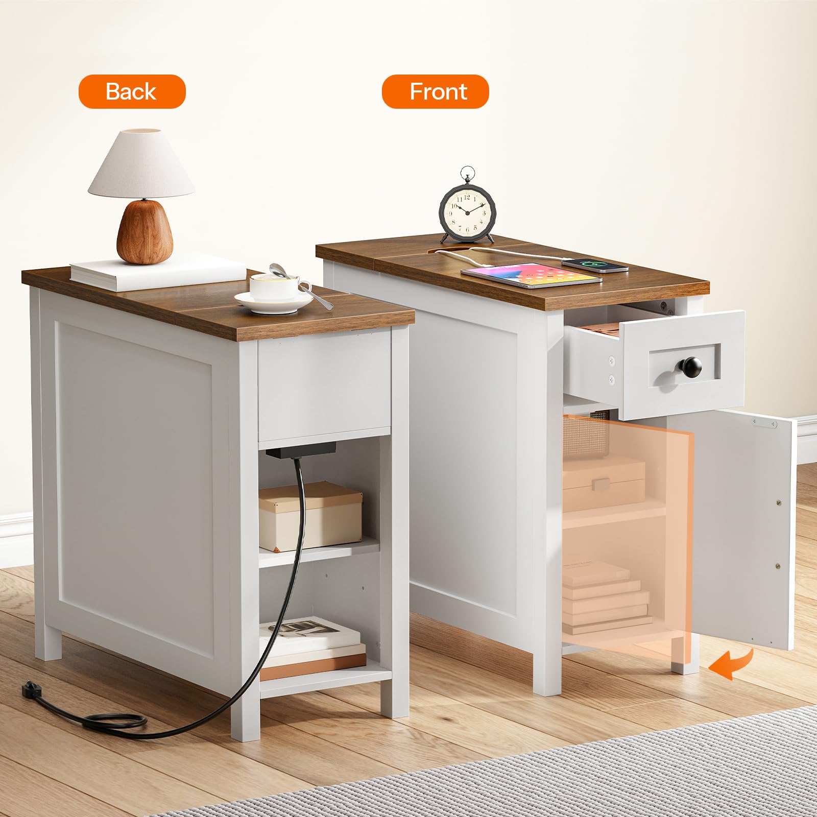 HOOBRO Farmhouse Narrow End Table with Charging Station & Storage
