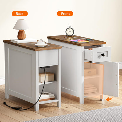 HOOBRO End Table with Charging Station, Farmhouse End Table with Drawer, Slim Nightstand for Living Room, Storage Cabinet, Narrow Side Table for Bedroom, Office, Walnut and White WH364UBZ01