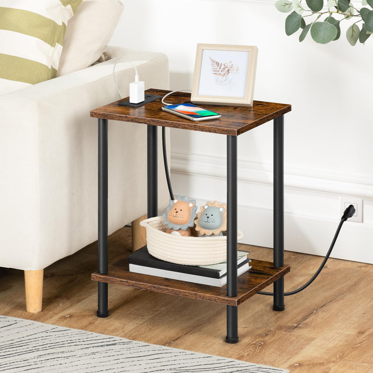 HOOBRO Side Table with Charging Station, Set of 2 End Tables with USB Port and Outlets, Nightstand with 2-Layer Storage Shelves for Small Spaces, Living Room, Bedroom, Rustic Brown BF09UBZP201
