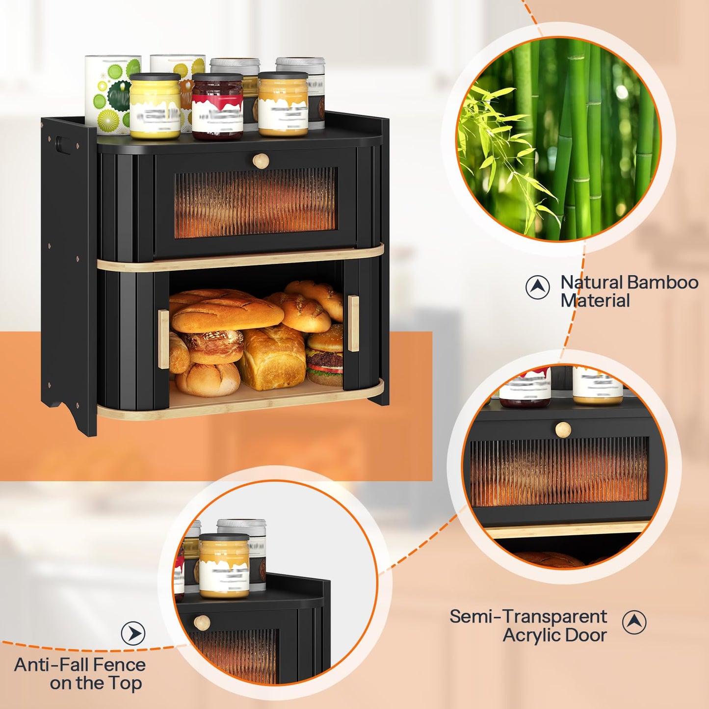 HOOBRO 2-Tier Roll-Top Kitchen Storage Bamboo Bread Box