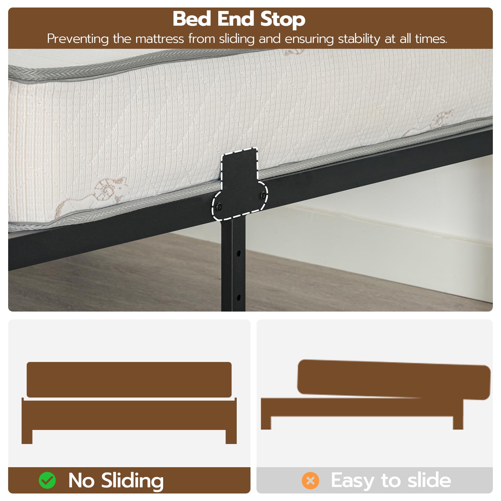 Bed end stop preventing mattress from sliding with text and icons on a white background