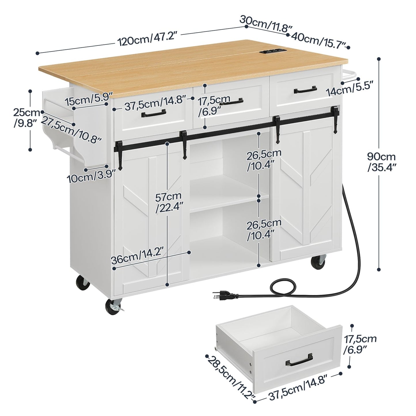 HOOBRO Rolling Kitchen Island with Power Outlet & Drawers