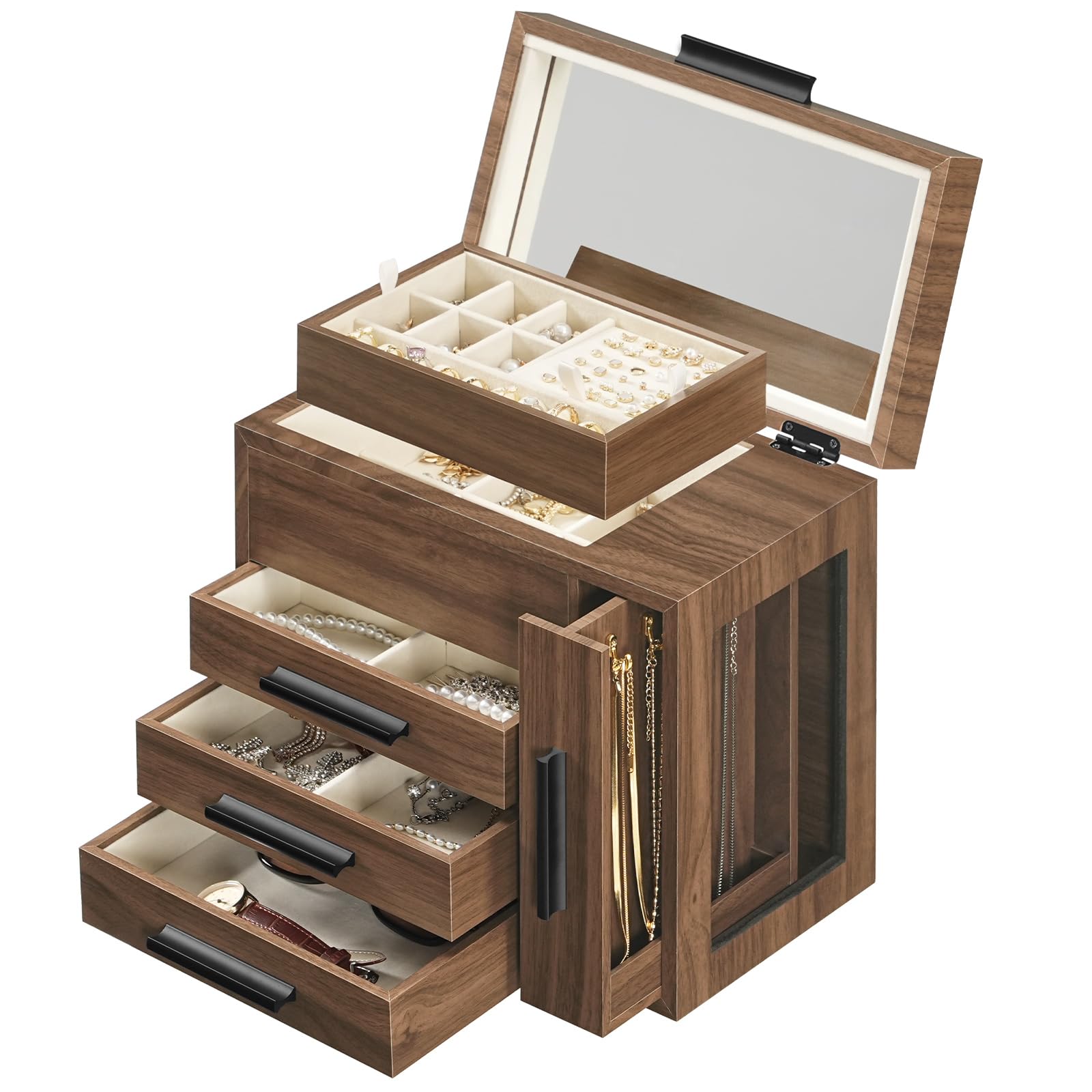 HOOBRO Wooden Jewelry Storage Box with Mirror