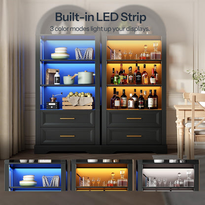 Display cabinet with built-in LED strip lighting in a home setting.