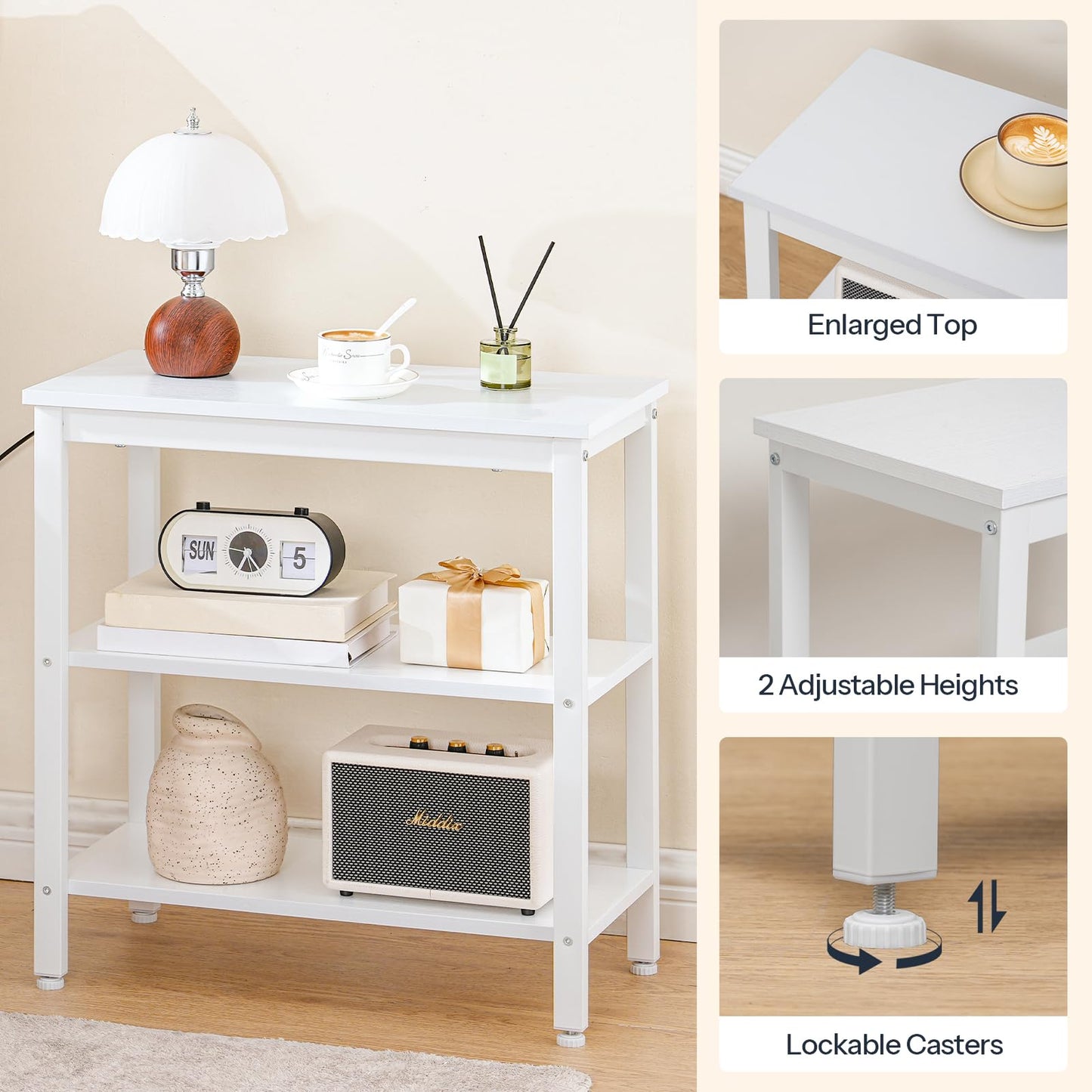 HOOBRO End Table, Simple Rustic Side Table with 3-Tier Storage Shelf, Narrow Nightstand for Small Spaces, Easy Assembly, for Living Room, Bedroom, Industrial Design, White WT14BZ01