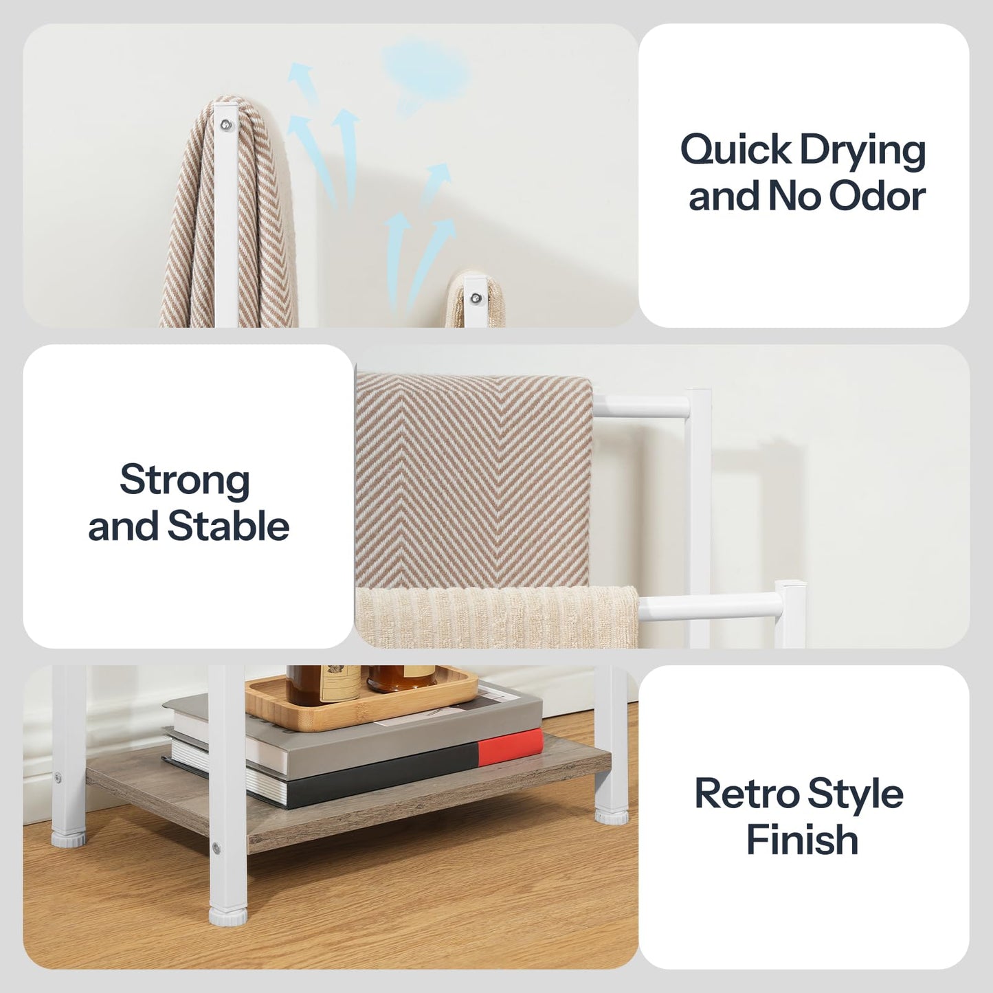 Towel rack with towels and text highlighting features on a white wall background