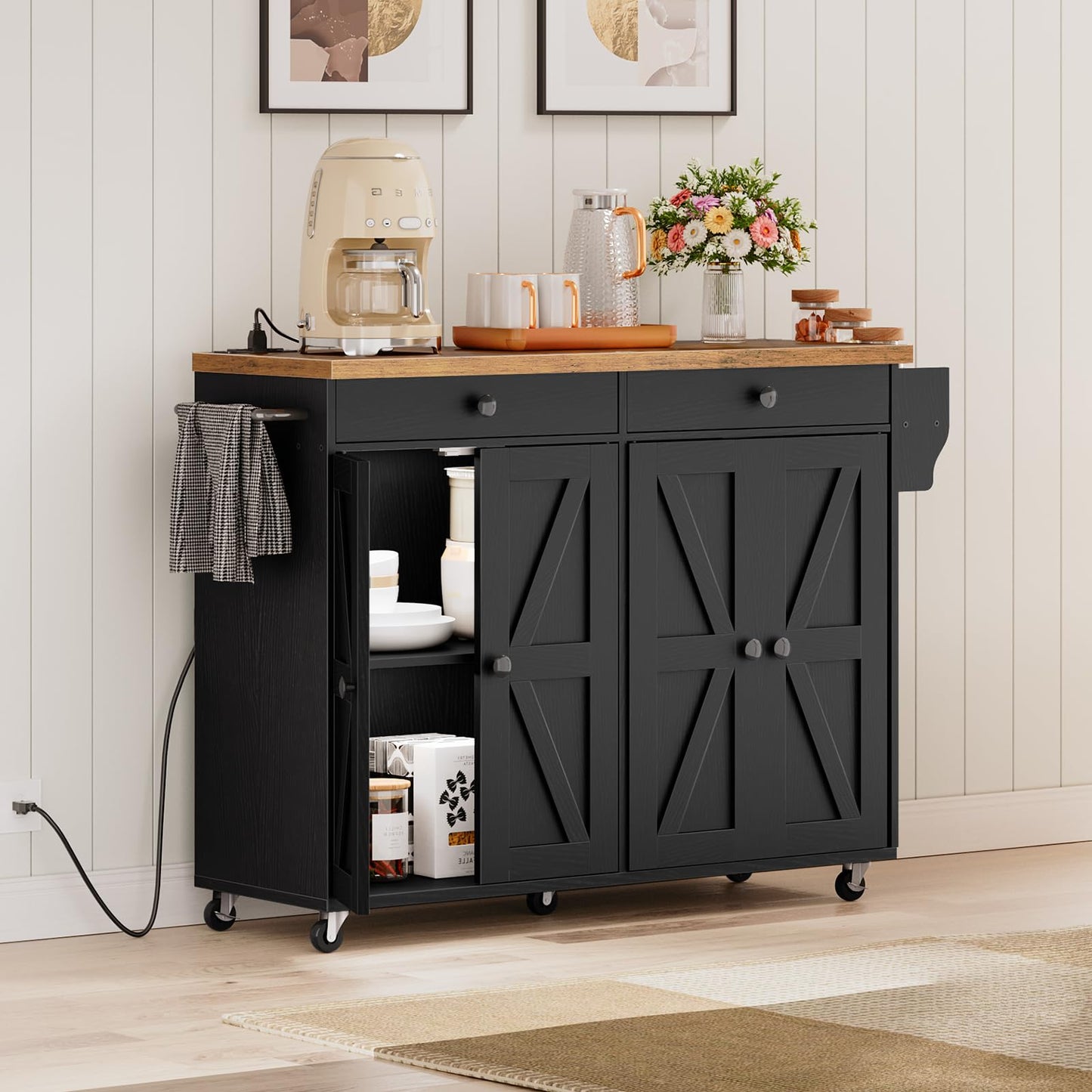 HOOBRO 43.3-inch Rolling Kitchen Island with Power Outlet