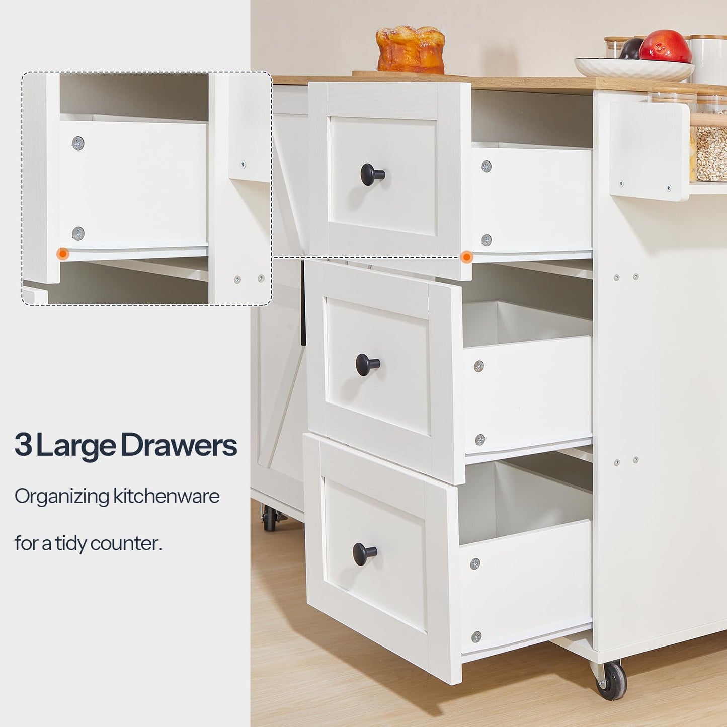 HOOBRO White Portable Kitchen Island with Power Outlet & Adjustable Shelves