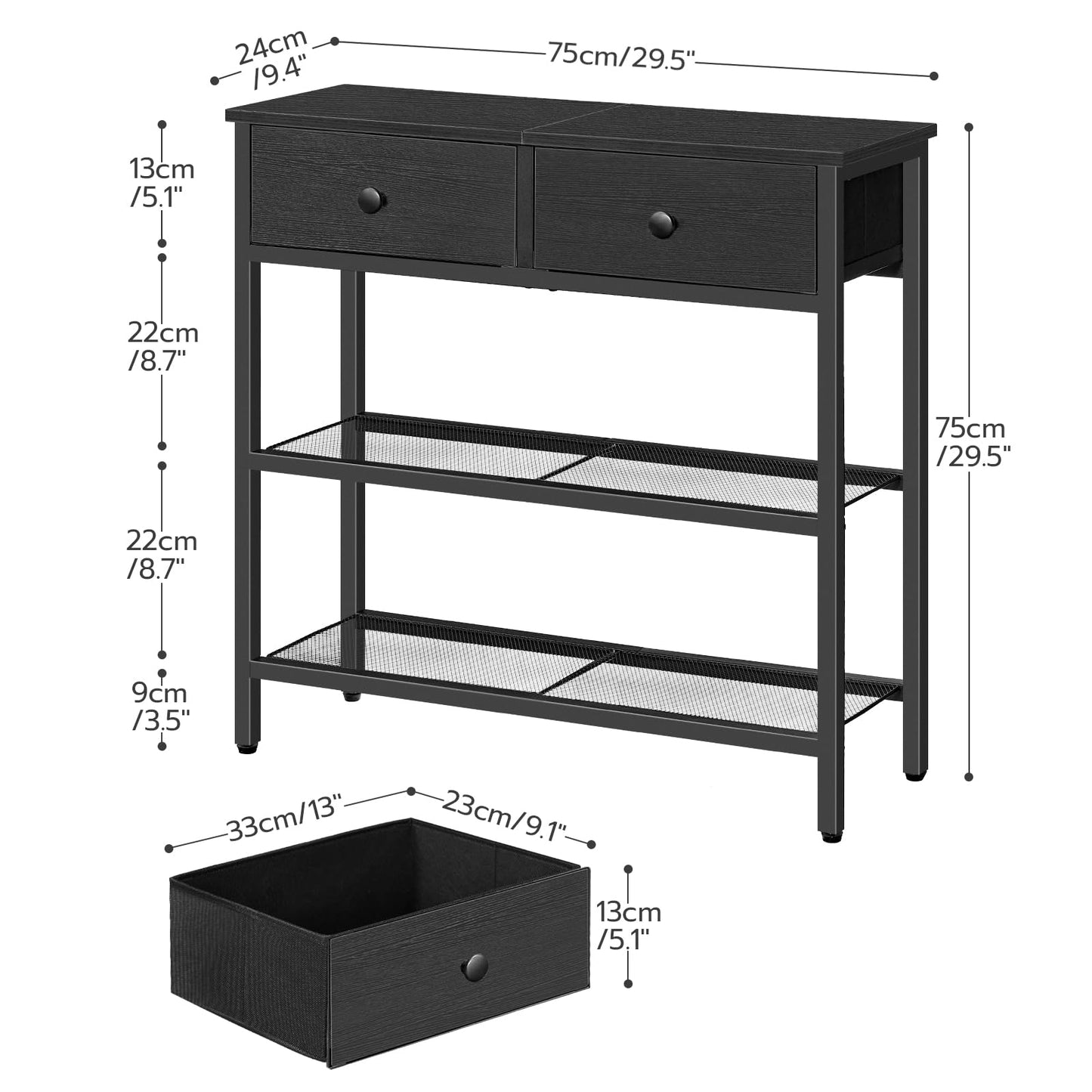 HOOBRO 29.5-inch 3-Tier Narrow Console Table with Drawers