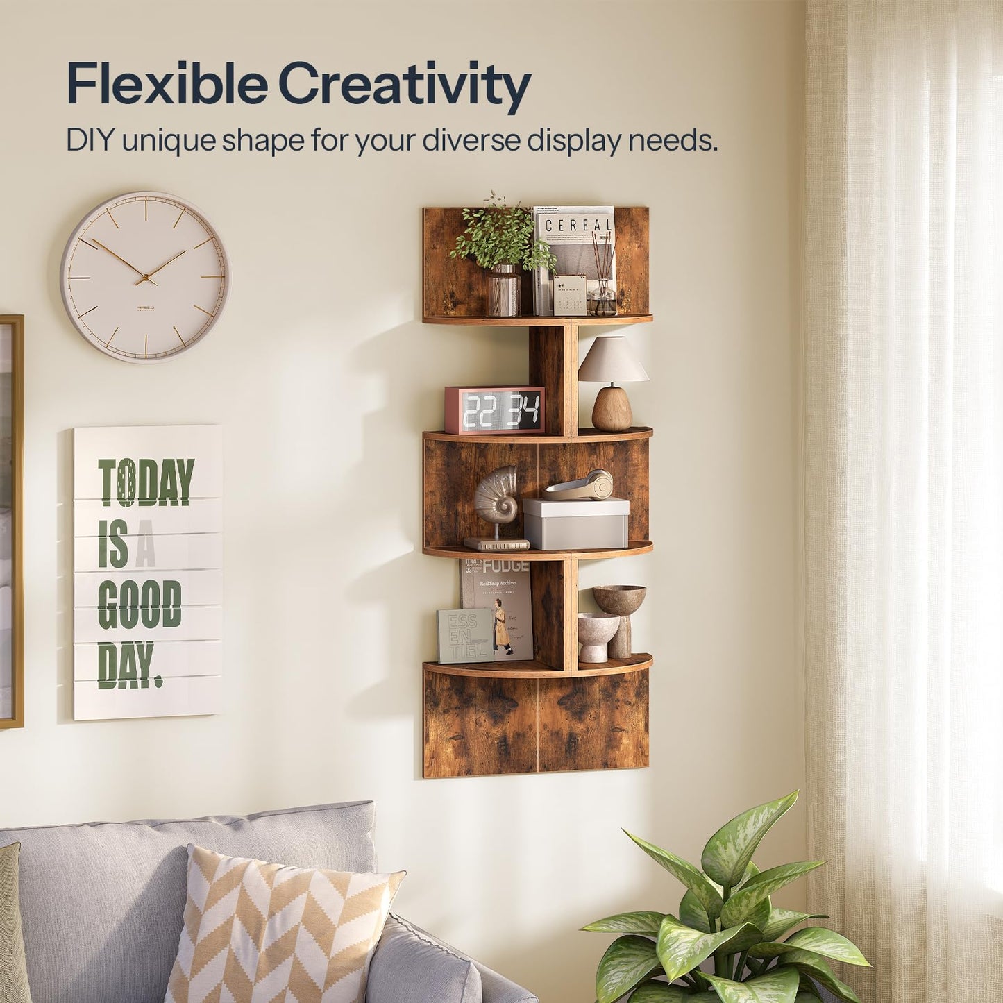 HOOBRO Retro Brown Wall-Mounted Corner Shelf / 2pics