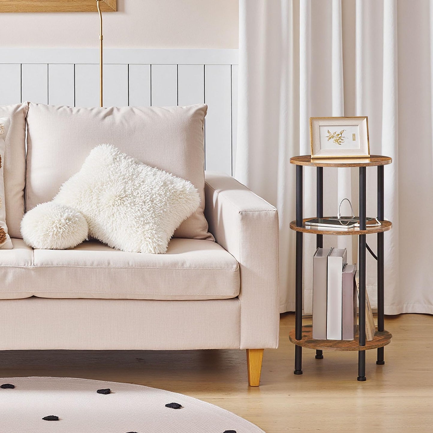 HOOBRO 3-Tier Small Round Side Table with Charging Station