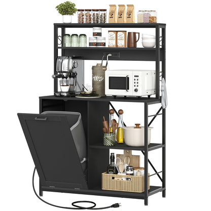 Black kitchen island with shelves, appliances, and a chair on a white background