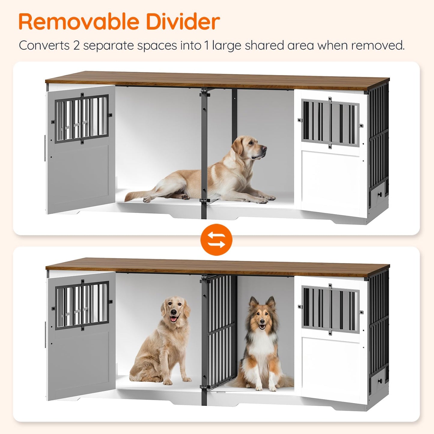 HOOBRO 71.9-inch Farmhouse Style Double Dog Cage Furniture with Removable Divider