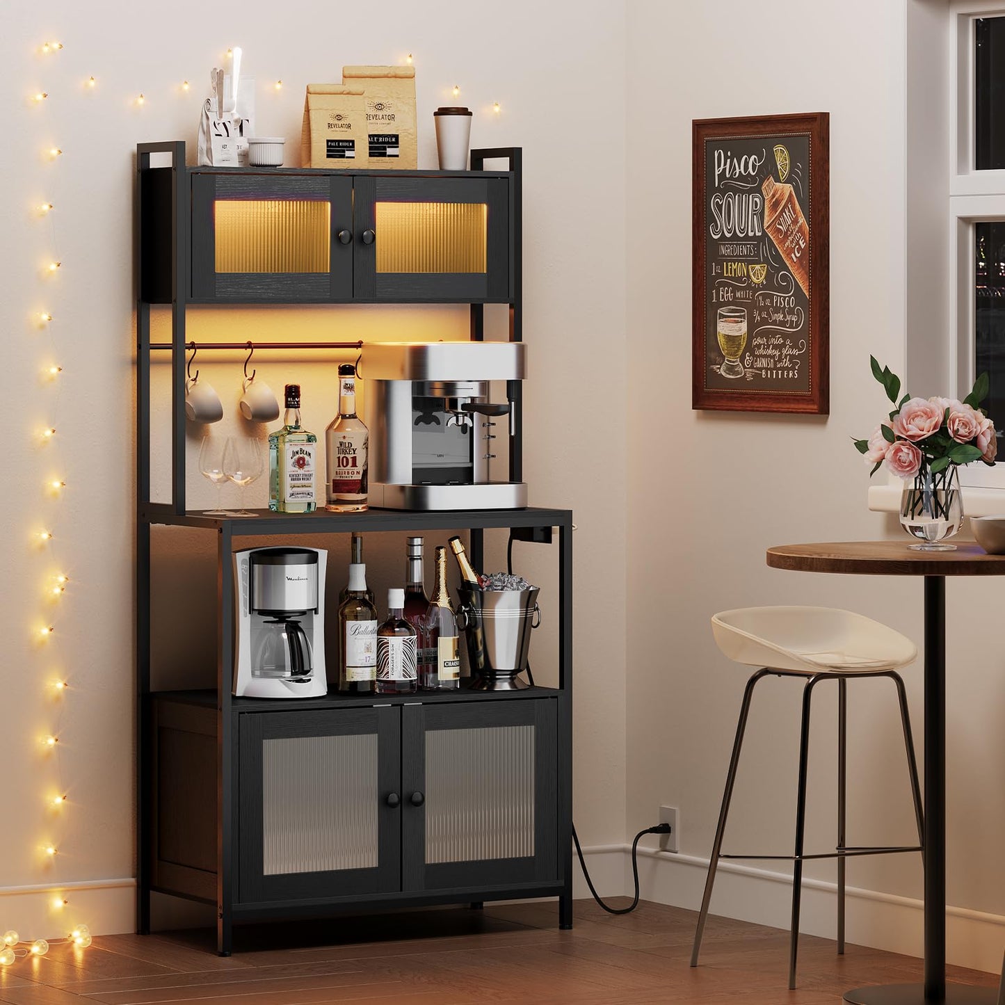 HOOBRO 5-Tier Coffee Bar & Bakers Rack with Cabinet & Power & LED