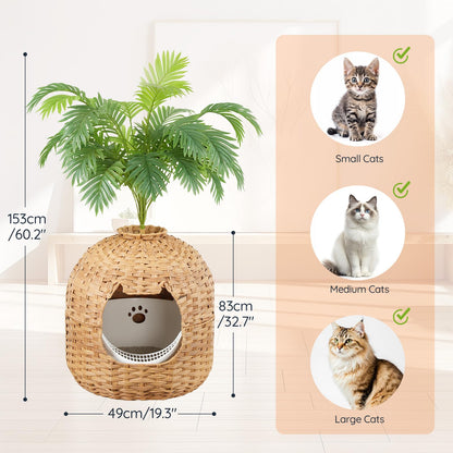 HOOBRO  Natrual Hand-woven Rattan Style Large Cat Litter Box with Litter Scoop & Odor Filter & Decorative Plants