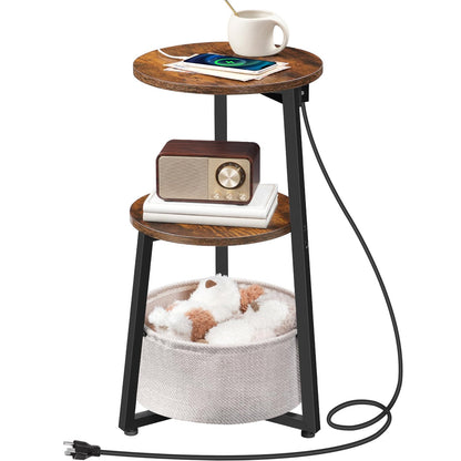 HOOBRO Retro Brown Small Round Side Table with Charging Station & Storage Basket