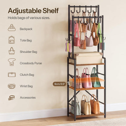 HOOBRO Tall Purse Organizer for Closet, 3-Tier Handbag Rack with 10 J-Hooks