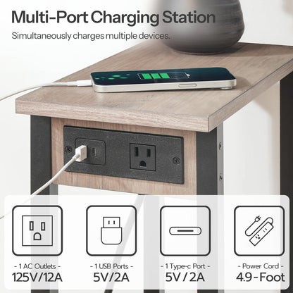 HOOBRO Greige Double-Layer Narrow Side Table with Charging Station & Open Storage
