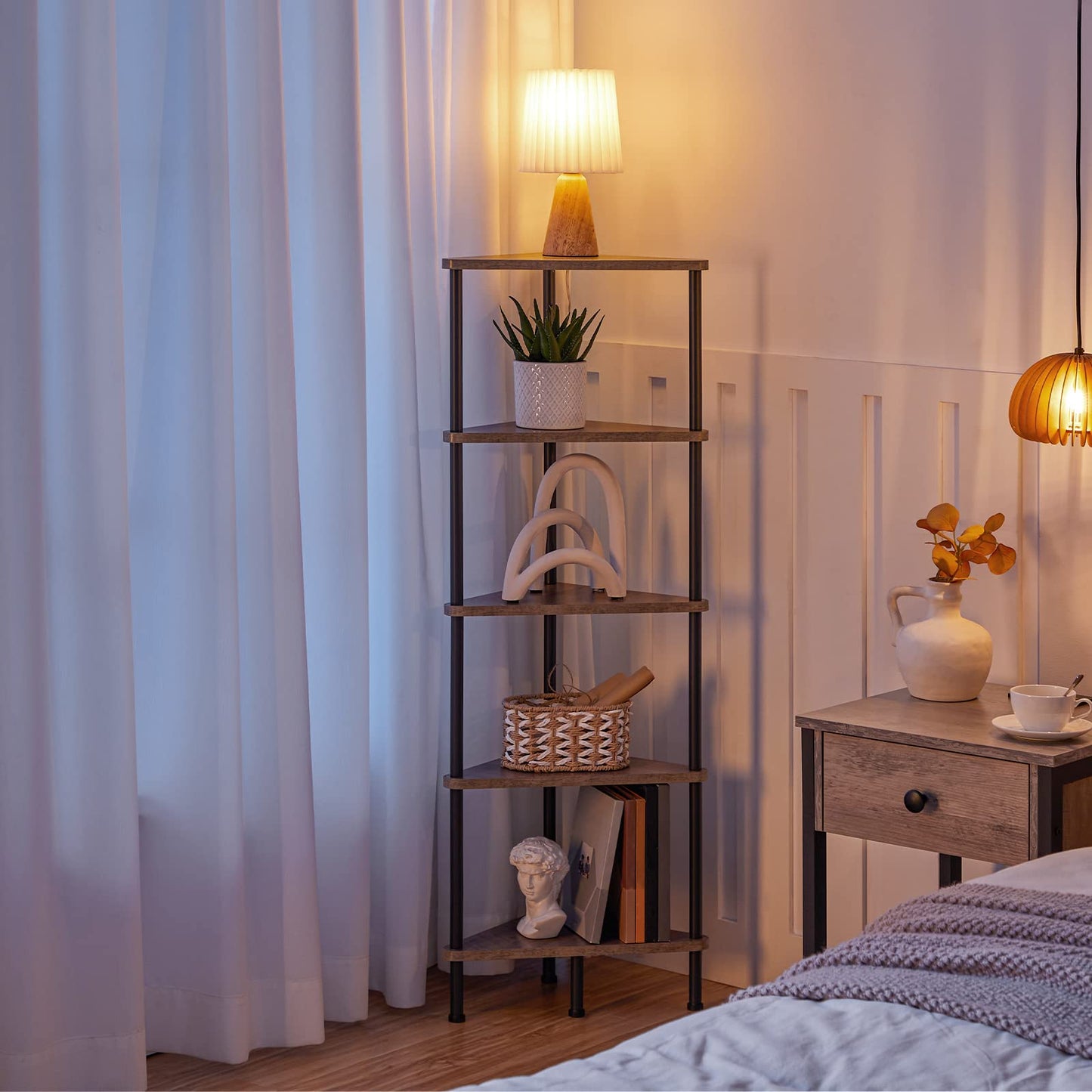 HOOBRO Greige Industrial Style Five-Tier Corner Bookshelf